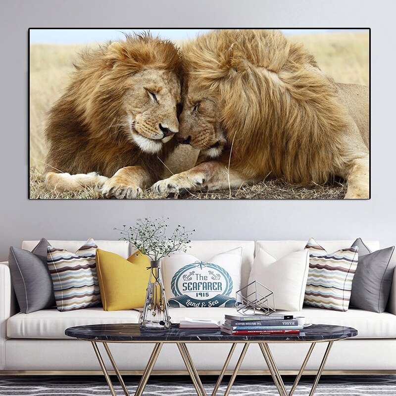 African Brotherly Love Two Adult Male Lions Canvas Painting Wild Animal Posters And Prints Wall Art Pictures For Living Room Nordic Wall Decor