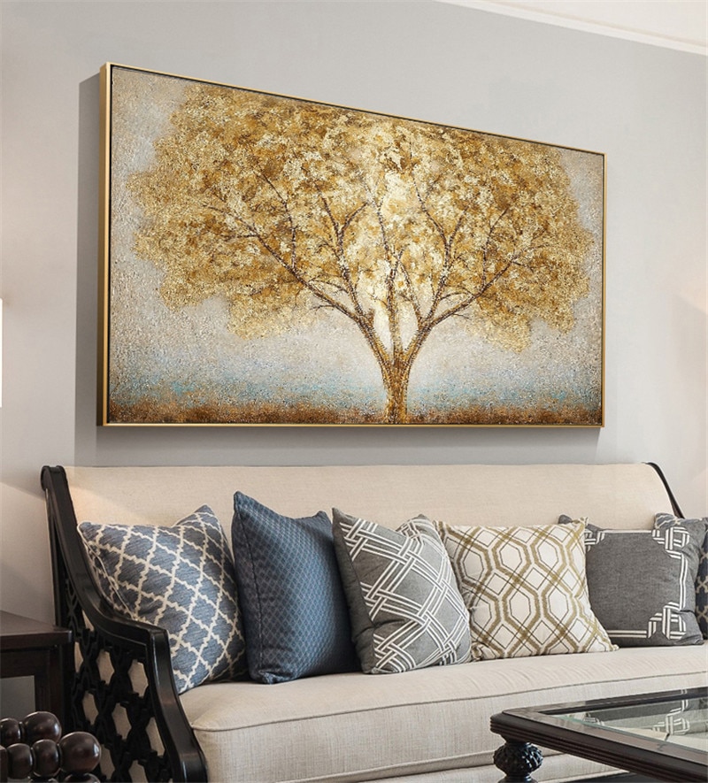 Restaurant Bedroom Living Room Art Decoration Painting Canvas Wall Painting Lucky Tree Golden Hand Painted Oil Painting Nordic Wall Decor
