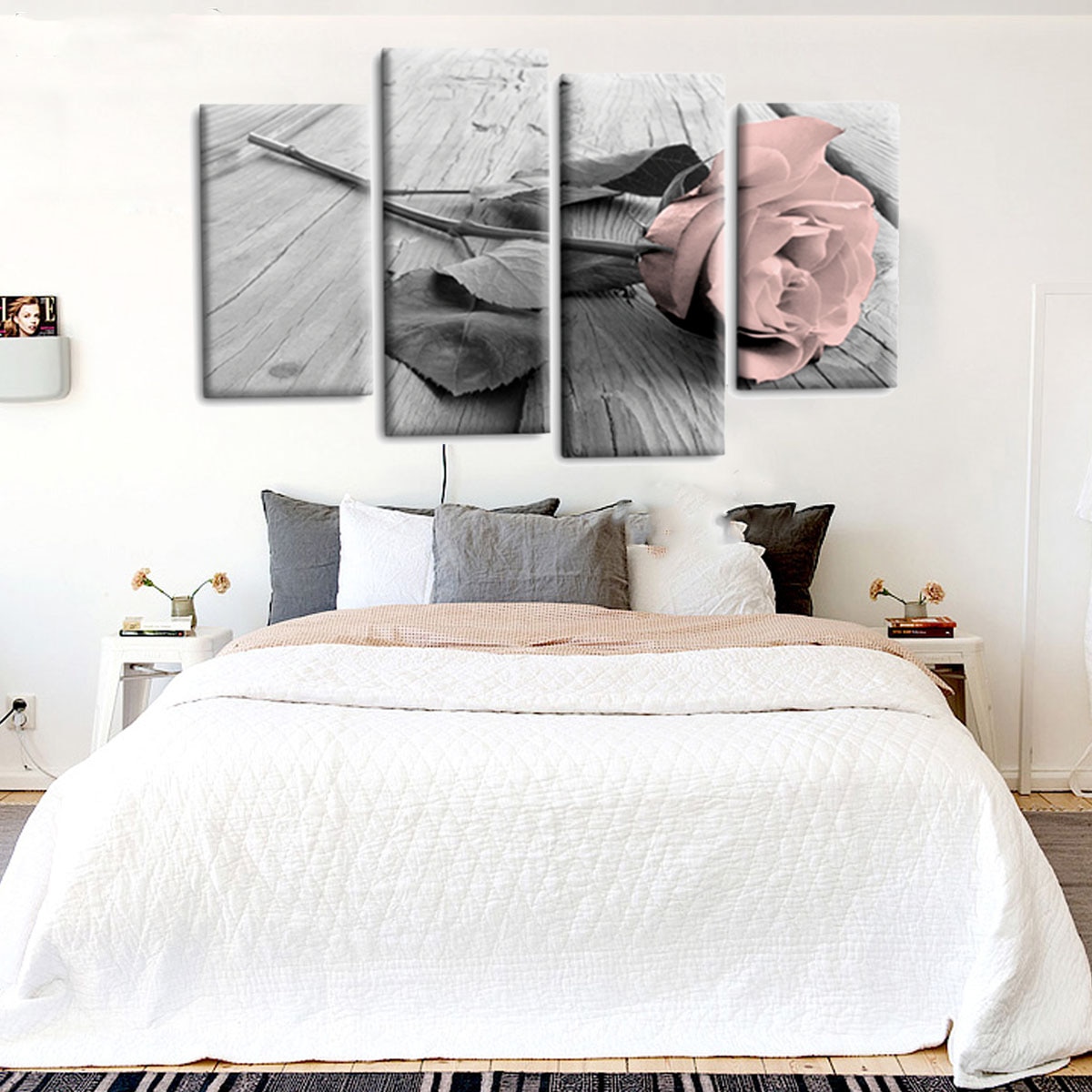 4Pcs Pink Grey White Love Rose Floral Canvas Wall Art Picture