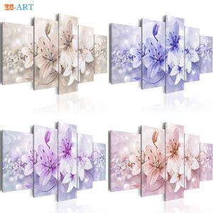 Blush Pink Purple Blue Brown Lilies Flowers Pritns Canvas Painting 5 Panel Pastel Floral Wall Art for Girls Room Home Decor