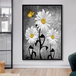 Canvas Prints Home Decor Modular Painting Daisy Floral Butterfly Simple Modern Nordic Style Poster Wall Pictures For Living Room