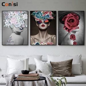 Conisi Abstract Rose Beauty Wall Art Canvas Painting Prints Ladies Wear Floral Rose Hat Poster Home Decor for Bedroom Decoration