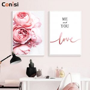 Conisi Modern Peony Flower Canvas Painting Minimalist Floral Wall Art Poster Beauty LOVE Quotes Scandinavian Wall Pictures