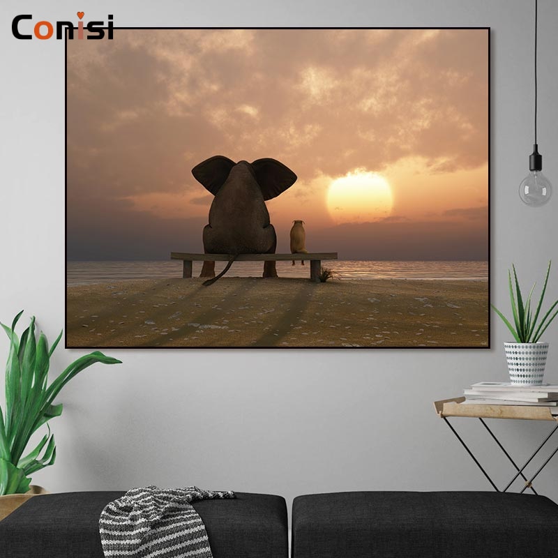 Conisi-Nordic-Wall-Art-Painting-Prints-Cute-Elephant-and-Dog-See-Sunset-on-Canvas-Poster-Home.jpg