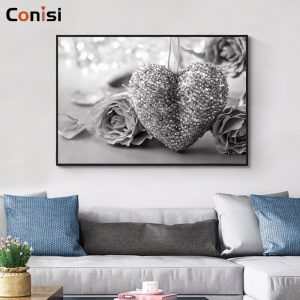 Conisi UK Style Grey Heart Rose Canvas Wall Painting Picture Home Decor Romantic Love Wall Poster Print Bedroom Decoration