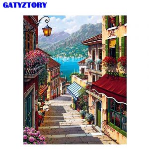 Frameless Romantic Town DIY Painting By Numbers Kits Landscape Modern Wall Art Canvas Painting For Home Decor 40x50cm Artworks