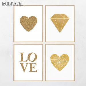 Gold Nursery Poster Print Gold Heart Love Word Gold Foil Canvas Painting Modern Diamond Wall Art Poster Living Room Home Decor