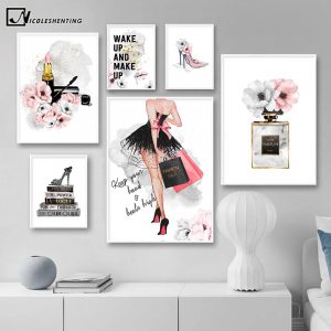 Lipstick Perfume High Heels Fashion Poster Makeup Floral Print Canvas Art Painting Wall Picture Modern Girl Room Home Decoration