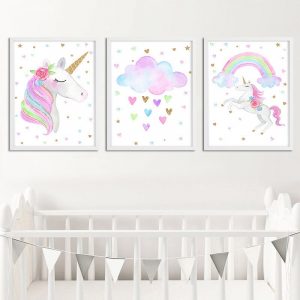 Lovely Unicorn Painting Cute Children's Room Cartoon Decorative Poster Girl Pink Star Unicorn Kindergarten Decoration for Kids
