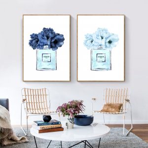 Modern Fashion Perfume Poster Blue Watercolor Peonies Floral Painting Canvas Prints Woman Makeup Wall Pictures Girls Room Decor