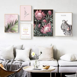 Nordic Fresh Pink Floral Creative English Zebra Leaf Canvas Painting Art Abstract Print Poster Picture Wall Home Decoration