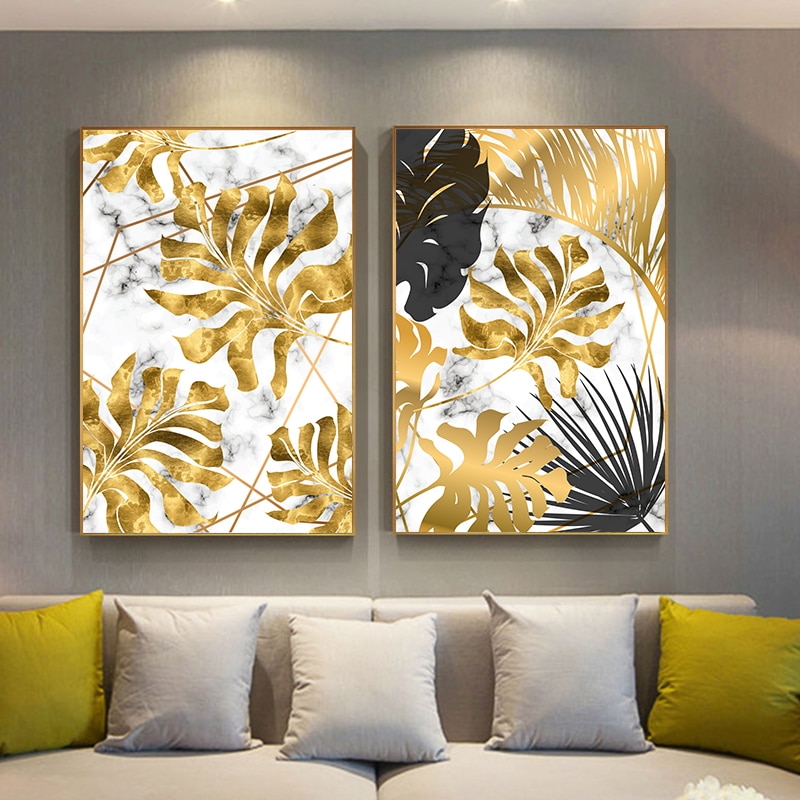 Golden Leaf Canvas Painting Nordic Plants Posters Modern Room Decor Wall Art