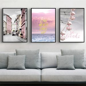 Nordic Romantic Pink Building Canvas Paintings Poster and Print Wall Art Decoration Pictures Bedroom Home Decor
