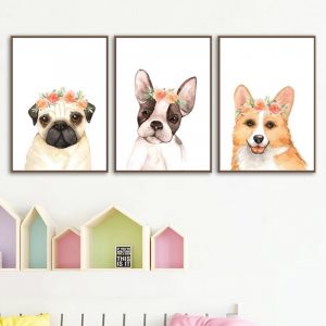 Nursery Puppy Dog Canvas Art Prints Floral Crown Dog Poster , Pug Corgi Boston Terrier Canvas Painting Wall Pictures Home Decor