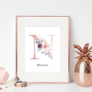 Personalized Name Initial Pink Floral Nursery Wall Art Canvas Painting Poster Print Pictures Gift for Baby Room Home Decorative