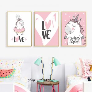 Pink Heart Nursery Canvas Print Unicorn Poster Love Letter Posters And Prints Baby Painting Nordic Kids Room Picture Wall Decor