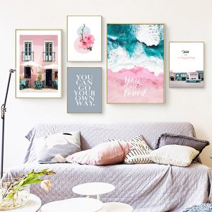 Pink Romantic Poster and Prints Nordic Sea Wave Painting Travel Picture Wall Art Home Living Room Bedroom Canvas Decorativos