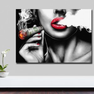 Red Lips Smoking Figure Vintage Walls Paintings Women Canvas Painting Home Decor Wall Art Poster and Prints Bar Picture Decora