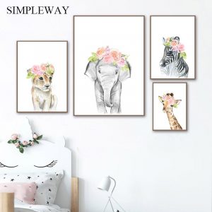 Safari Floral Animal Elephant Lion Child Poster Canvas Art Nursery Print Wall Painting Picture Nordic Kid Bedroom Decoration