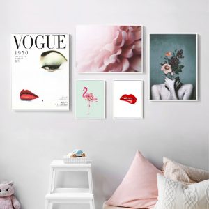 Vogue Fashion Art Wall Pictures Absract Girl Floral Portrait Poster And Print Nordic Flamingo Flower Canvas Painting Home Decor