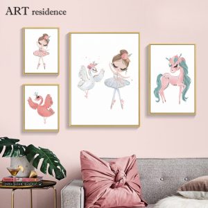 Wall art painting decoration poster lovely Ballerina girl, unicorn, black swan pattern for girls baby children room decoration