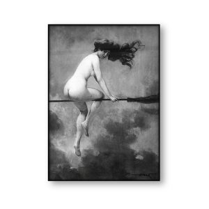 Witch Riding Broomstick Vintage Poster Wall Art Canvas Print Witch Broom Gothic Occult Halloween Antique Black White Painting
