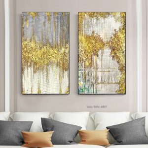 100% hand Painted Abstract Golden Dots Canvas Painting Blue Green Gray Poster Modern Wall Picture Living Room Luxury Wall Art