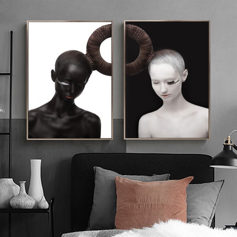 2Pcs Nordic Black and White Girl Wall Art Canvas Painting Wall Art