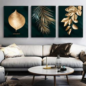 3 Pcs Art Living Room Decoration Pictures Abstract Golden Plant Leaves Wall Poster Print Modern Style Wall Art Canvas