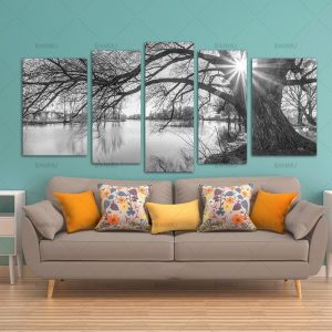 5 Pieces Modern Wall Canvas Painting Black and White Tree Silhouette Sunset Landscape Art Decoration for living home Print
