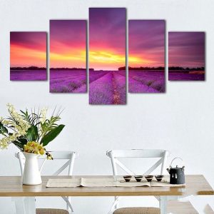 5 Pieces Romantic Lavender Sea Sunset Landscape Modern Canvas Painting Framed Printed Wall Art Pictures Poster Room Home Decor