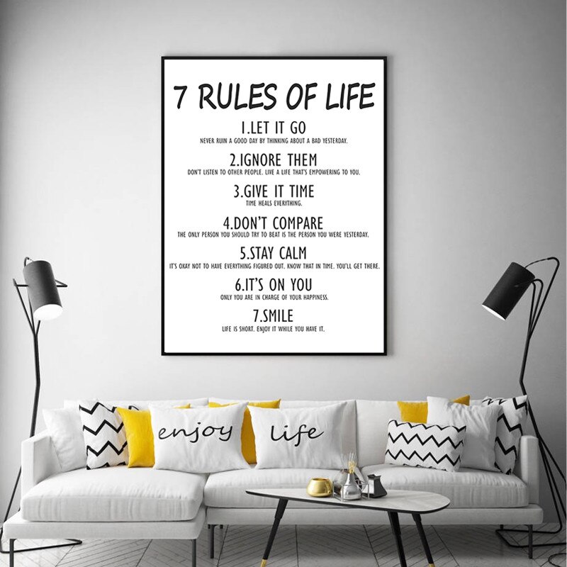 7 Rules Of Life Posters Life Motivation Canvas Painting Wall Art Black ...