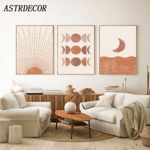 Mid Century Art Print Moon Phase Canvas Poster Abstract Sun Painting Neutral Posters Geometric Picture Boho Wall Decor