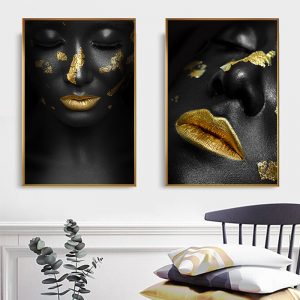 Abstract African Black Golden Woman Lips Portrait Canvas Painting Posters Prints Wall Art Picture for Living Room Decor