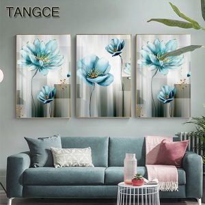 Abstract Blue Flower Canvas Painting Modern Scandinavian Wall Art Picture for Living Room fashio Gold Poster Print Cuadros Salon