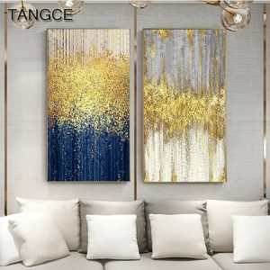 Abstract Blue Golden Dots Canvas Painting Abstract Wall Picture for Living Room Big Wall Art Decor Grey Green Poster and Print