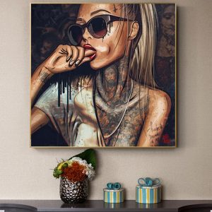 Abstract Cool Sexy Girl Tattoo Canvas Painting Wear Glasses Sex Women Portrait Posters Prints Wall Art Pictures for Living Room