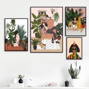 Abstract Fashion Vintage Girl Tiger Leaves Wall Art Canvas Painting Nordic Posters And Prints Wall Picture For Living Room Decor