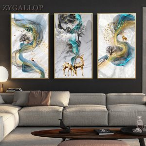 Abstract Golden Deer Canvas Painting Big Size Poster Blue And Gold Wall Art Pictures For Living Room Modern Canvas Art Cuadros