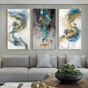Abstract Golden Deer Canvas Painting Posters And Prints Blue  Gold Quadros Wall Art Modern Picture For Living Room Decor Cuadros