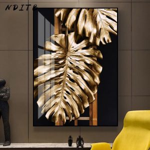 Abstract Golden Leaf Monstera Canvas Painting Minimalist Art Poster and Print Modern Wall Picture Living Room Corridor Decor