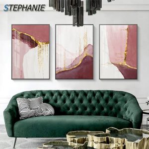 Abstract Golden Pink Canvas Painting Nordic Watercolor Poster Print Modern Gold Wall Pictures for Living Room Girl Pink Wall Art