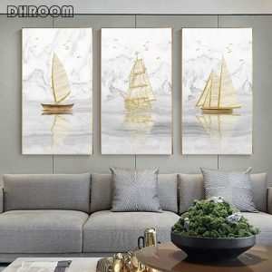 Abstract Golden Sailing Boat Canvas Painting Minimalist Landscape Poster Print Nordic Wall Art Picture Entrance Decoration