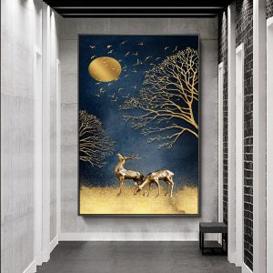 Abstract Landscape Art Blue Sky and Golden Elk Canvas Painting Wall Art Pictures for Living Room Home Decor (No Frame)