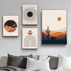 Abstract Mid Century poster Sun and Moon Canvas Painting Rainbows Modern Art Print Geometric Wall Art Picture for Living Room