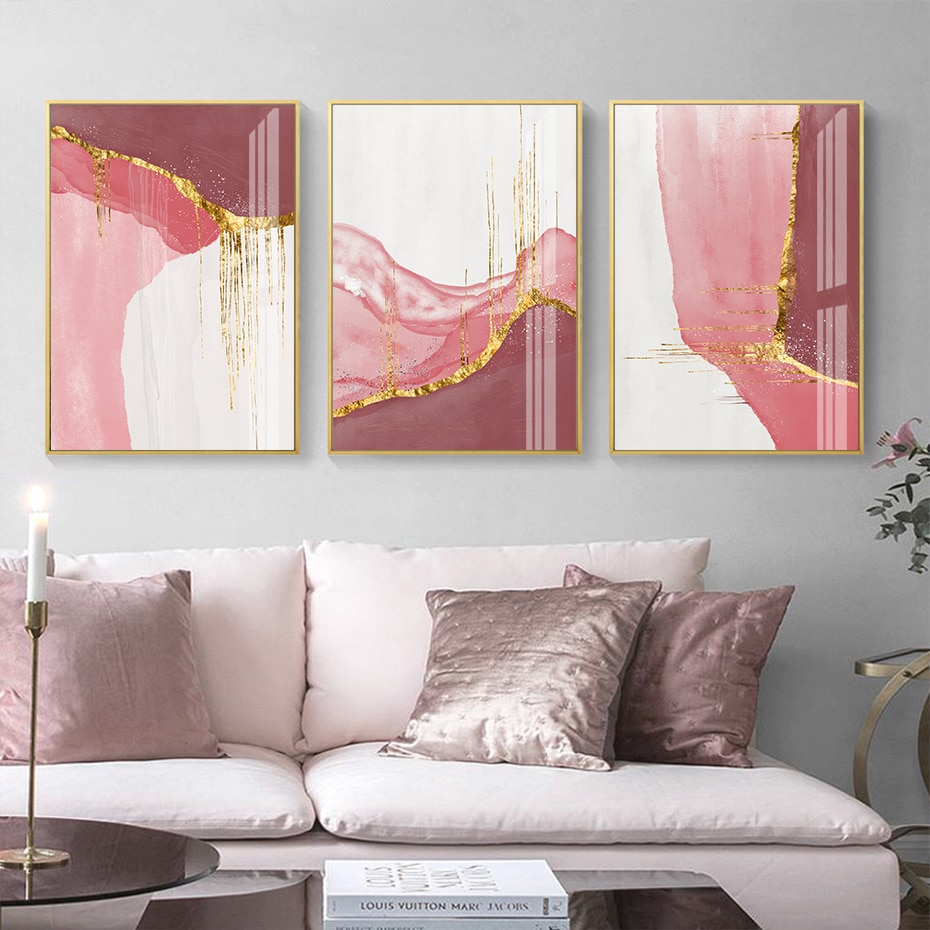 Abstract Nordic Modern Golden Pink White Canvas Painting Gold Wall