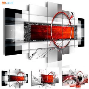 Abstract Painting Canvas Art 5 Pieces Red Ring Prints Poster Modern Metallic Wall Painting for Living Room Home Decor