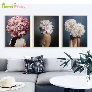 Abstract Peony Flowers Girl Nordic Poster Feather Wall Art Canvas Painting Print Modern Wall Pictures For Living Room Unframed