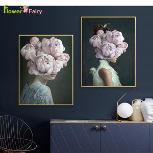 Abstract Peony Flowers Girl Wall Art Canvas Painting Feather Nordic Poster Bird Modern Wall Pictures For Living Room Unframed