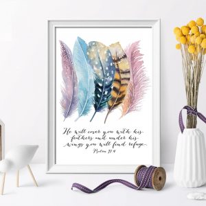 Abstract Quotes Art Home Decor Wall Picture Bible Verse Psalm 91:4 Poster Canvas Print Painting Bird Feather Scripture Christian